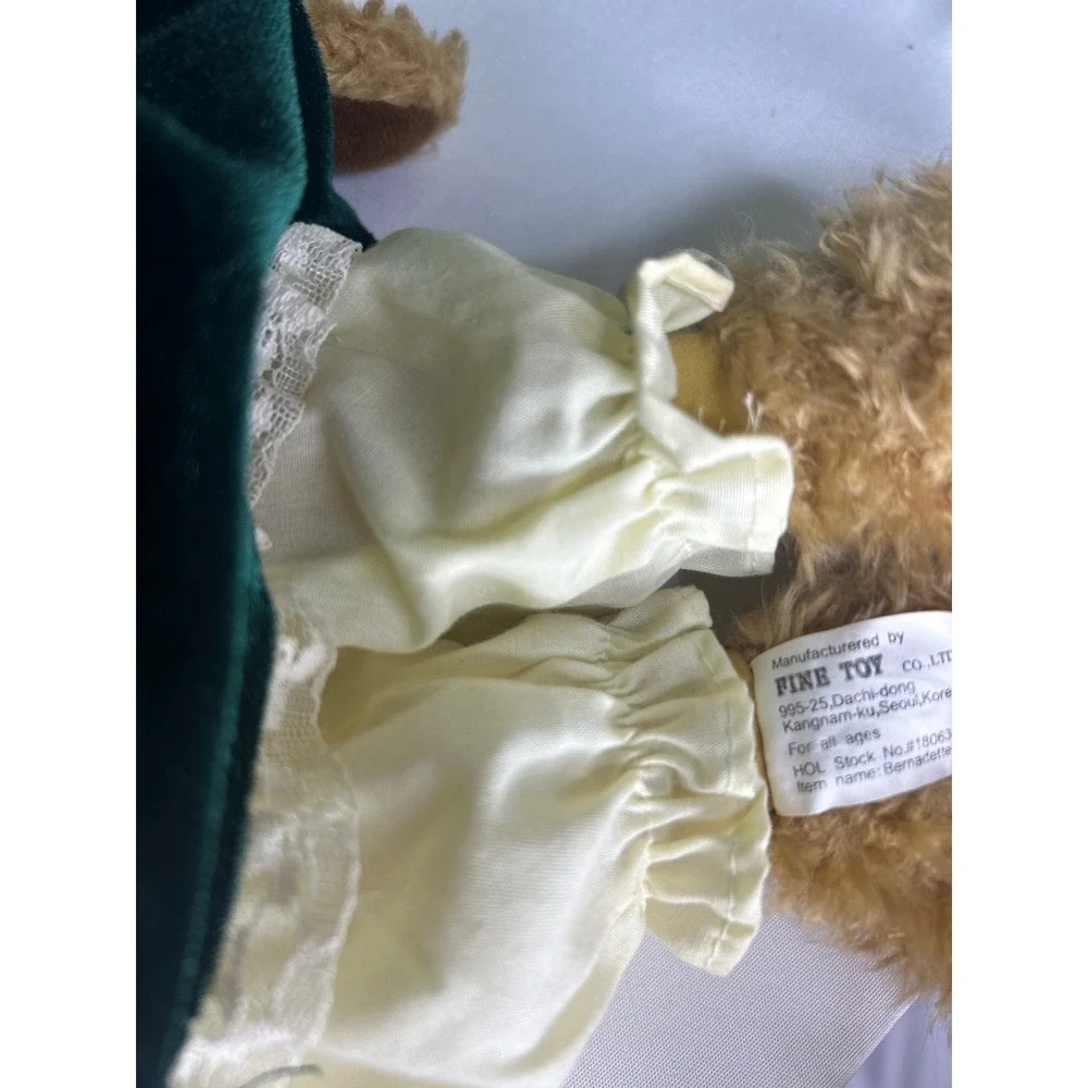 Fine Toy Bernadette Teddy Bear Green Velvet Victorian Dress Lace Bonnet Plush